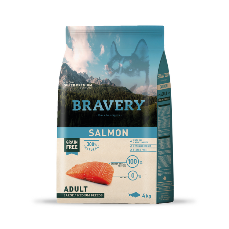 Bravery adulto raza mediana y grande - Salmón 4 Kg.