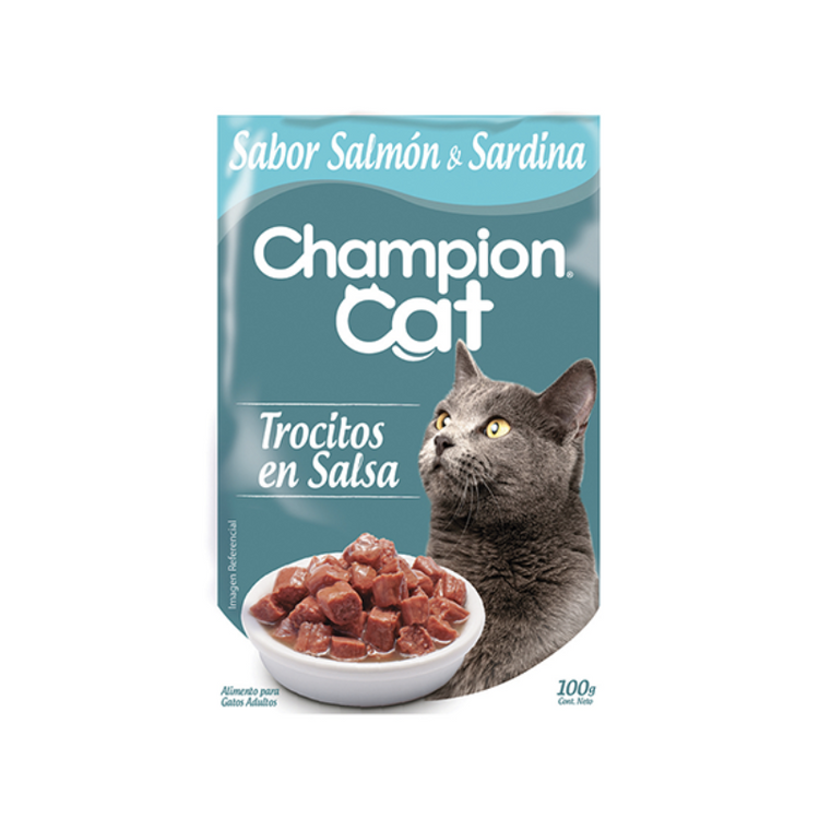 Pouch Champion Cat Trocitos en salsa - Sabor Salmón y Sardina (100 gr.)
